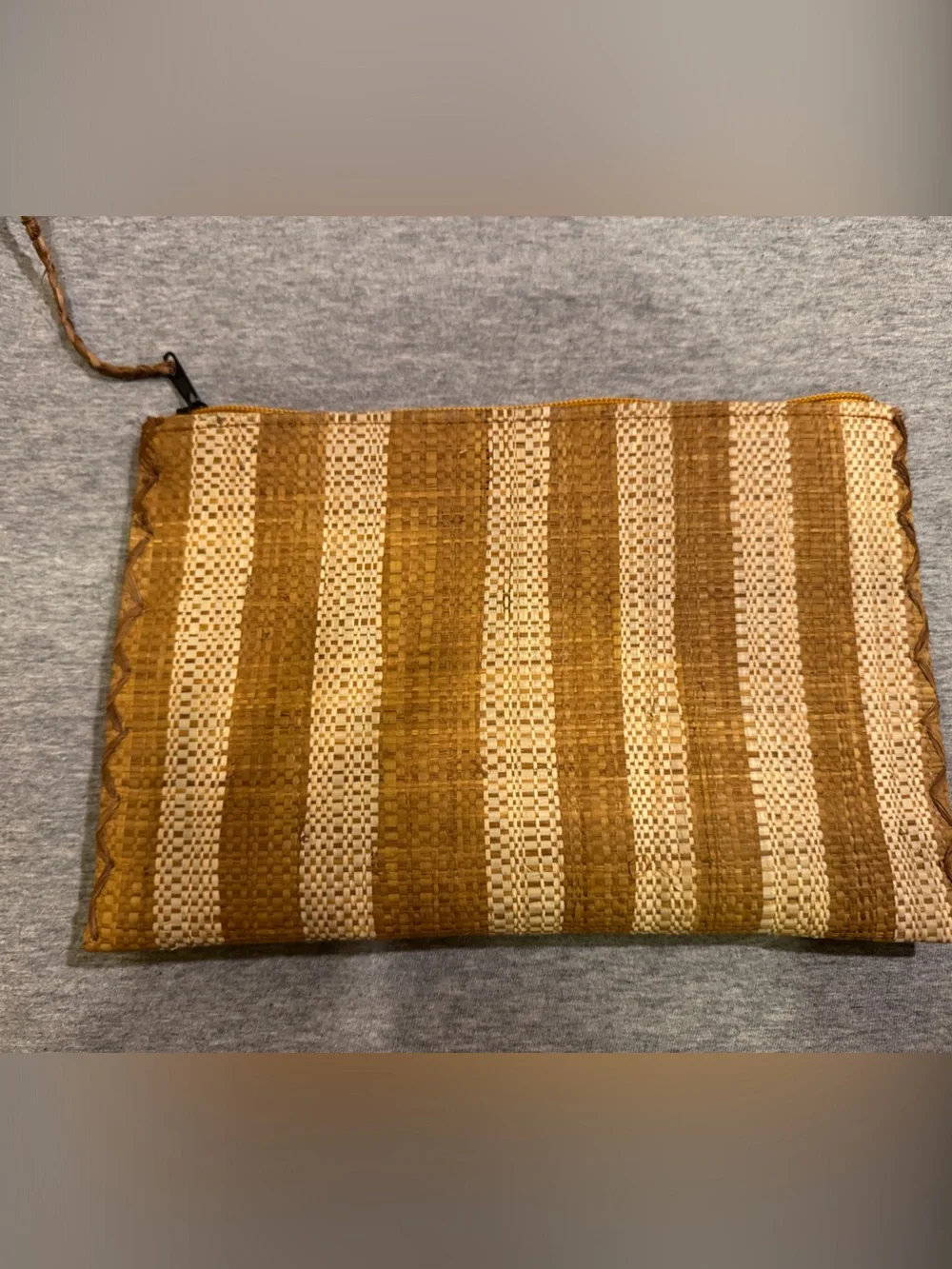 Striped Woven Raffia Straw Pouch Set - Brown & Cream Handmade in Madagascar